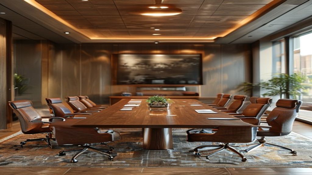 Corporate boardroom equipped with premium Turkish furnishings, sleek tables, velvet chairs, and elegant décor.