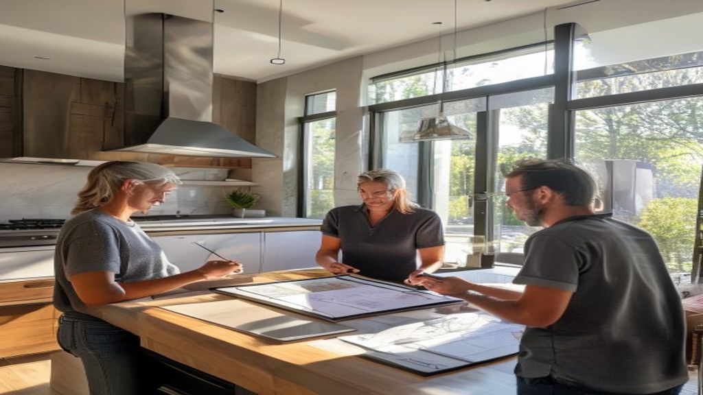 Professional interior designers installing modern smart appliances in a sleek kitchen renovation.