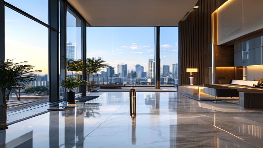 Elegant luxury penthouse interior with city skyline view, offered directly by owner for sale