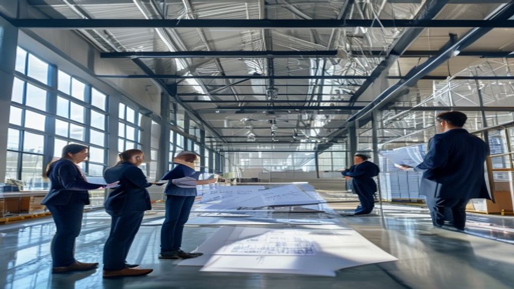 Executive examining blueprints of prime industrial property for company growth